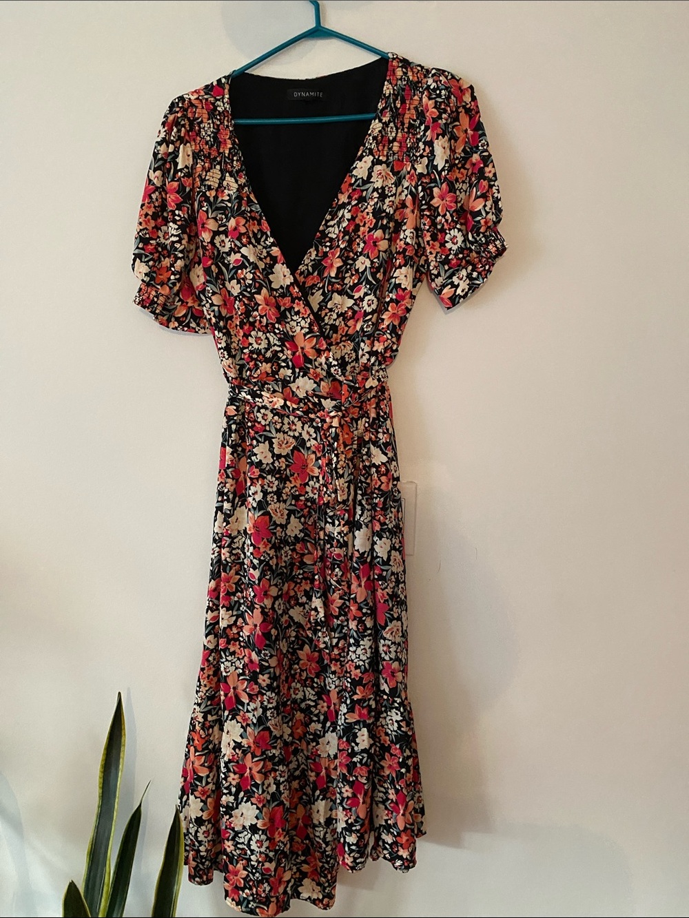 Dynamite Black Floral Wrap Midi Dress with Pink and Cream Blooms